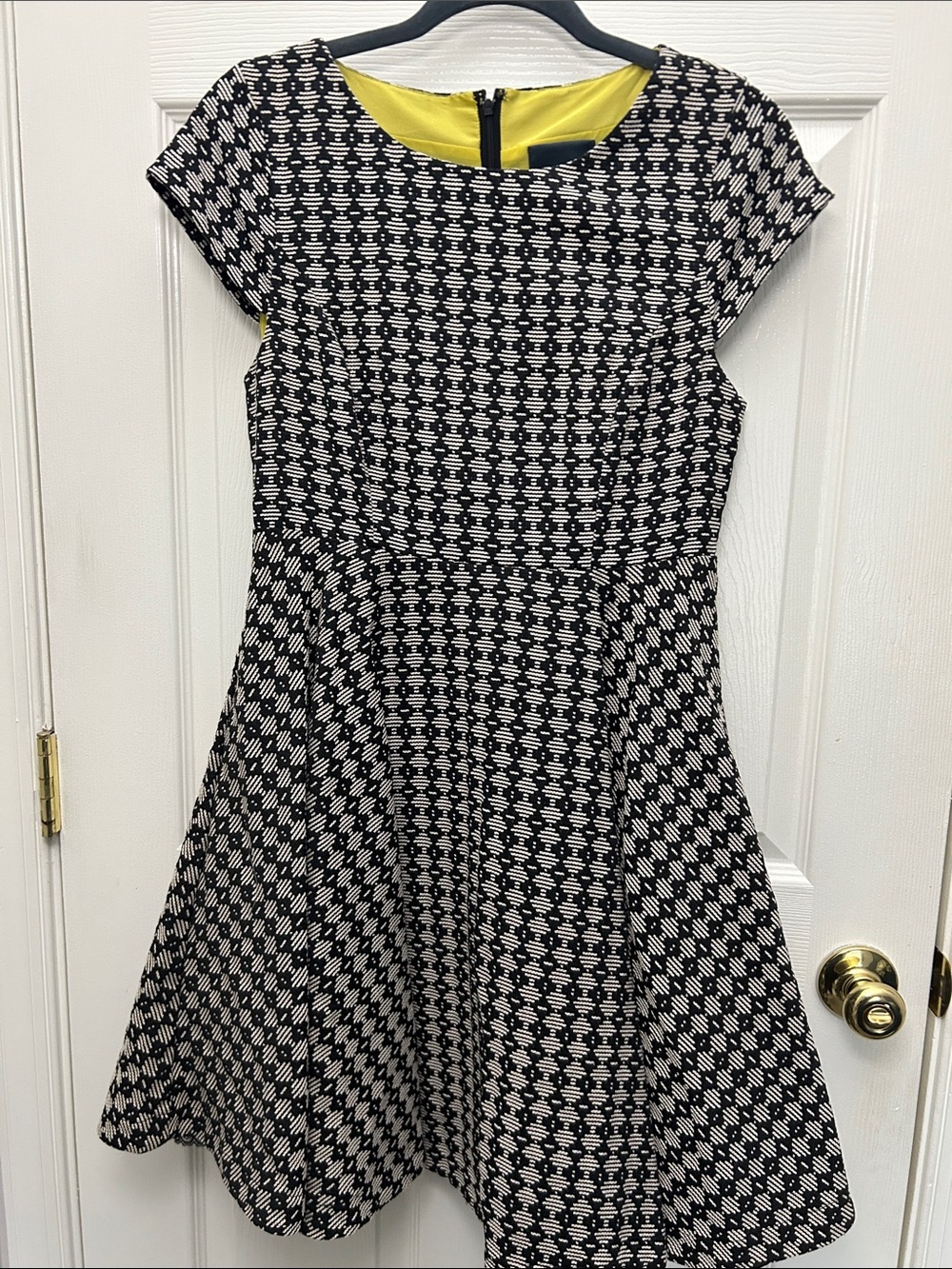 Maeve Black and White Patterned Midi Dress with Yellow Detail